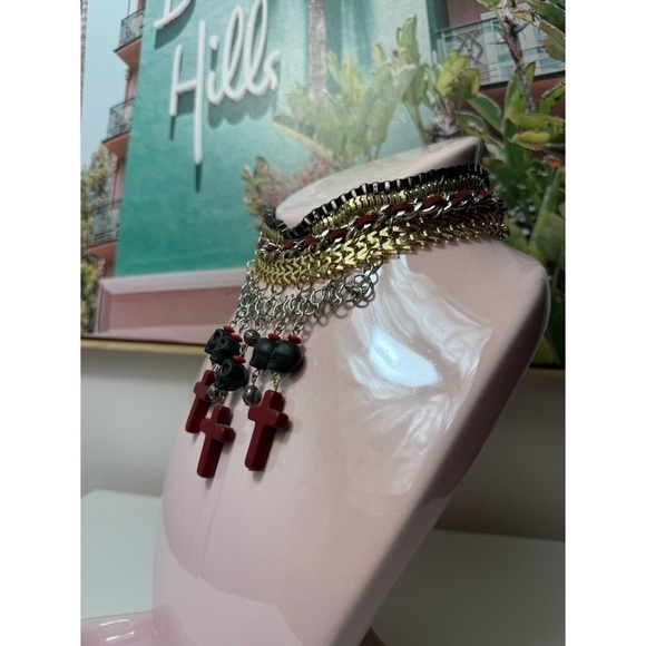 Topshop Silver Gold Black Skulls Cross Stacked Chain Choker Statement Necklace - Picture 5 of 6